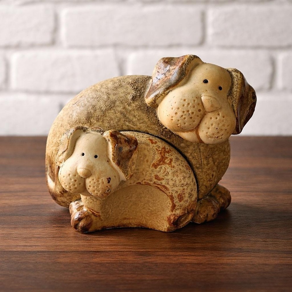 Stoneware Dog Figurines Folk Art Ceramic Dated 1982 Cottagecore Grandmillennial